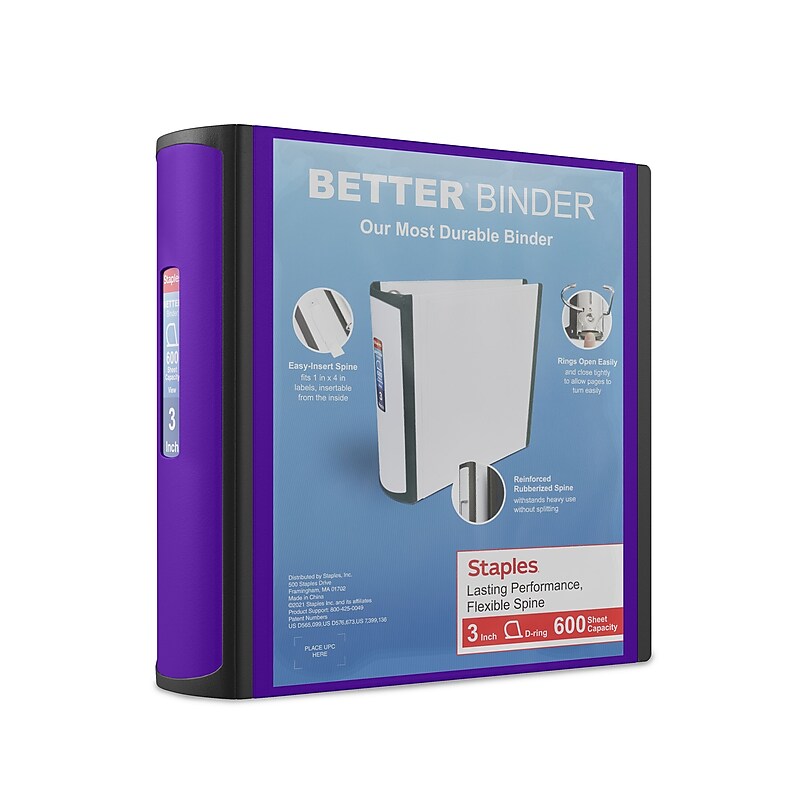 Staples Heavy Duty 3" 3-Ring Better Binder, D-Ring, Purple (20246) image 1