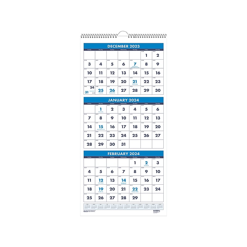 2024 House of Doolittle Large Numeral 12.25" x 26" Three-Month Wall Calendar, White/Blue (3640-24) image 1