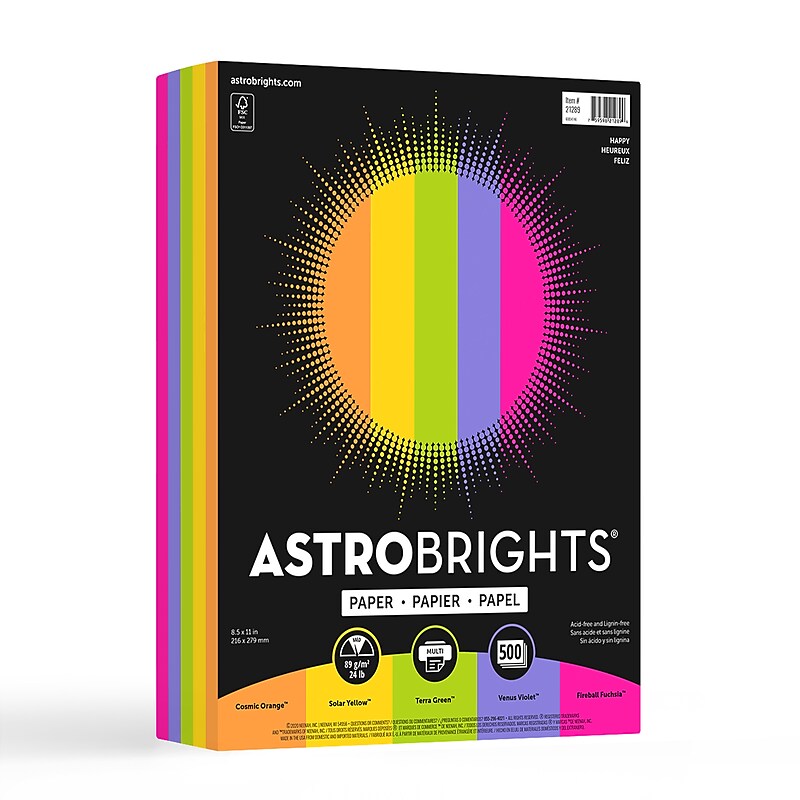 Astrobrights 8.5" x 11" Color Copy Paper, 24 lbs. Happy Assortment, 500 Sheets/Ream (21289/22289) image 1