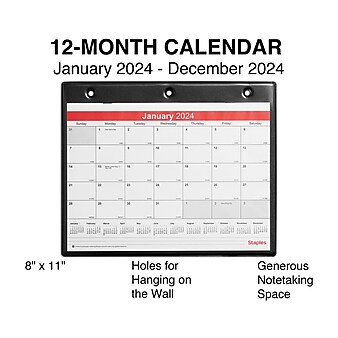 2024 Staples 11" x 8" Wall Calendar, White/Black (ST12949-24)