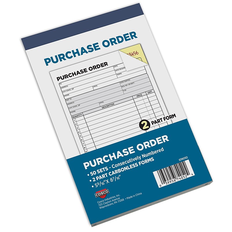 Cosco 2-Part Carbonless Purchase Order, 5.56" x 8.44", 50 Sets/Book (074052) image 1