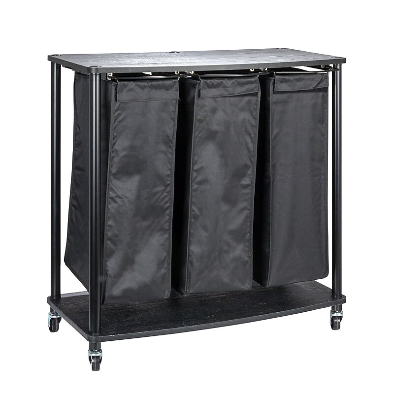 Household Essentials 3-Section Rolling Laundry Sorter with Lid, Polyester, Black (HE1120) image 1