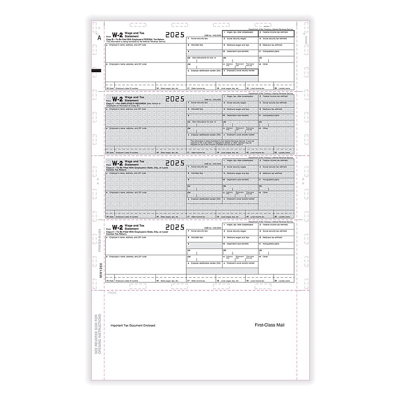 ComplyRight 2025 W-2 Tax Form, 1-Part, 4-Up, Copy B and C, 500/Pack (5228B) image 1