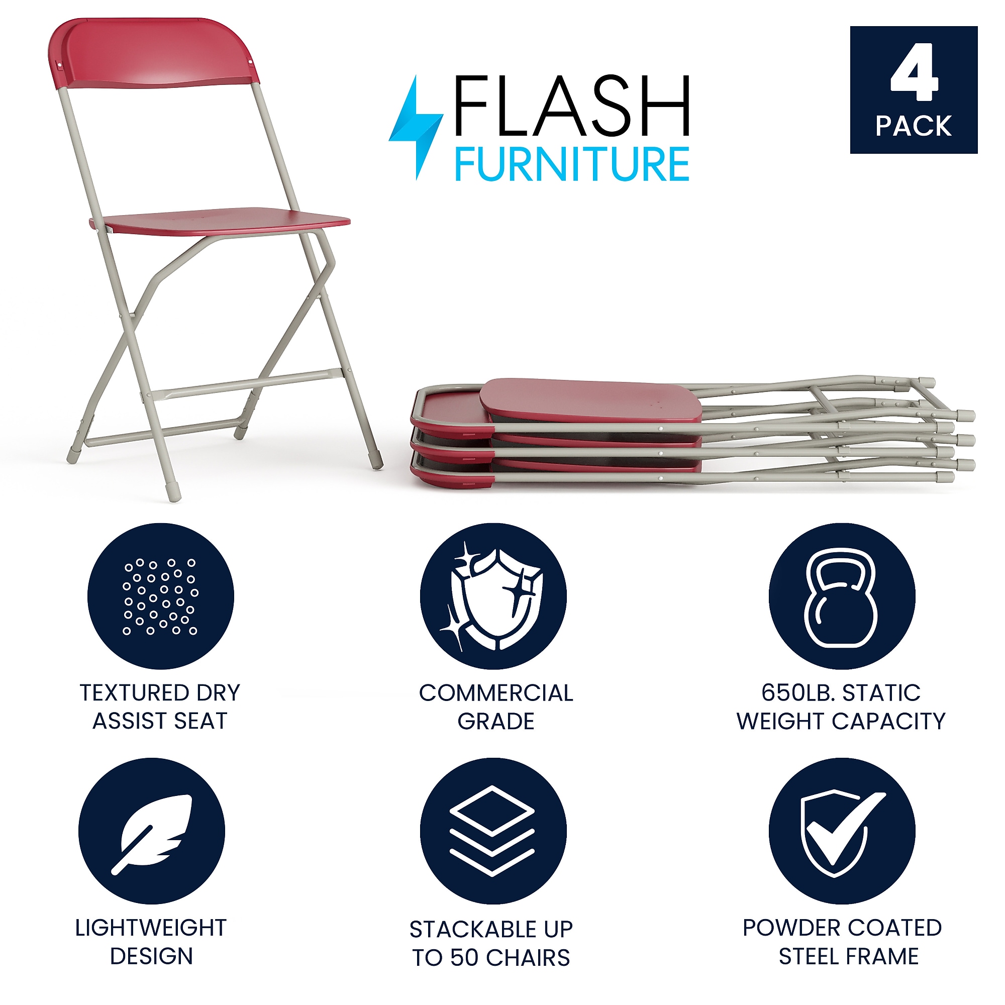 Flash Furniture HERCULES Plastic Folding Chair, Red, 4/Pack (4LEL3RED) Sansujyuku sansujyuku.com