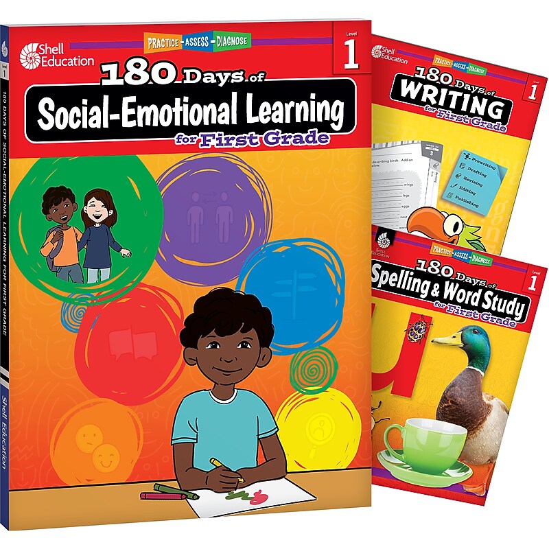 Shell Education 180 Days Social-Emotional Learning, Writing, & Spelling Grade 1, 3/Set (SEP147653) image 1