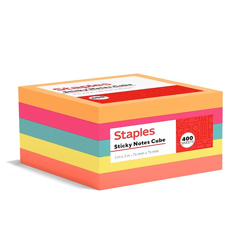 Staples Sticky Notes, 3" x 3" Assorted, 400 Sheets/Pad, 1 Pad/Pack (S-33BRC/52557) image 1