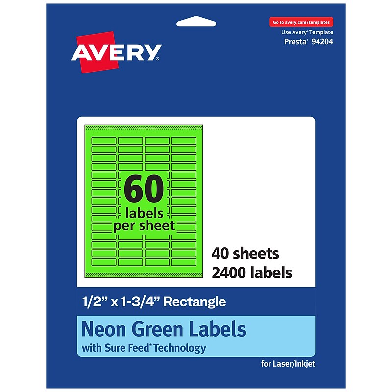 Avery Laser/Inkjet Multipurpose Rectangle Labels, 0.5" x 1.75", Neon Green, 2400/Pack (94204) image 1