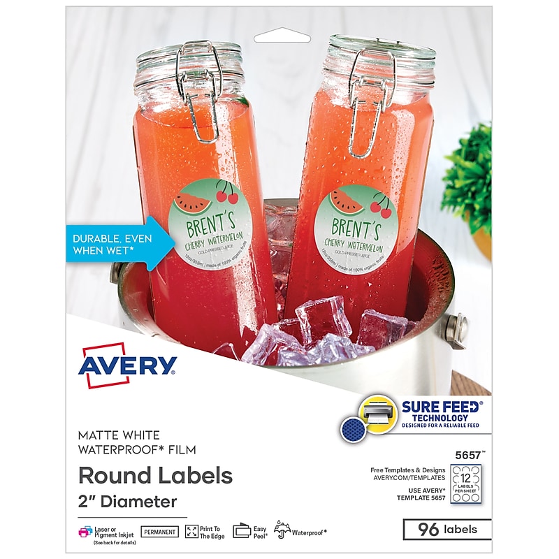 Avery Laser Waterproof Round Labels with Sure Feed, 2 1/2" dia., White, 72 Labels/Pack (5657) image 1