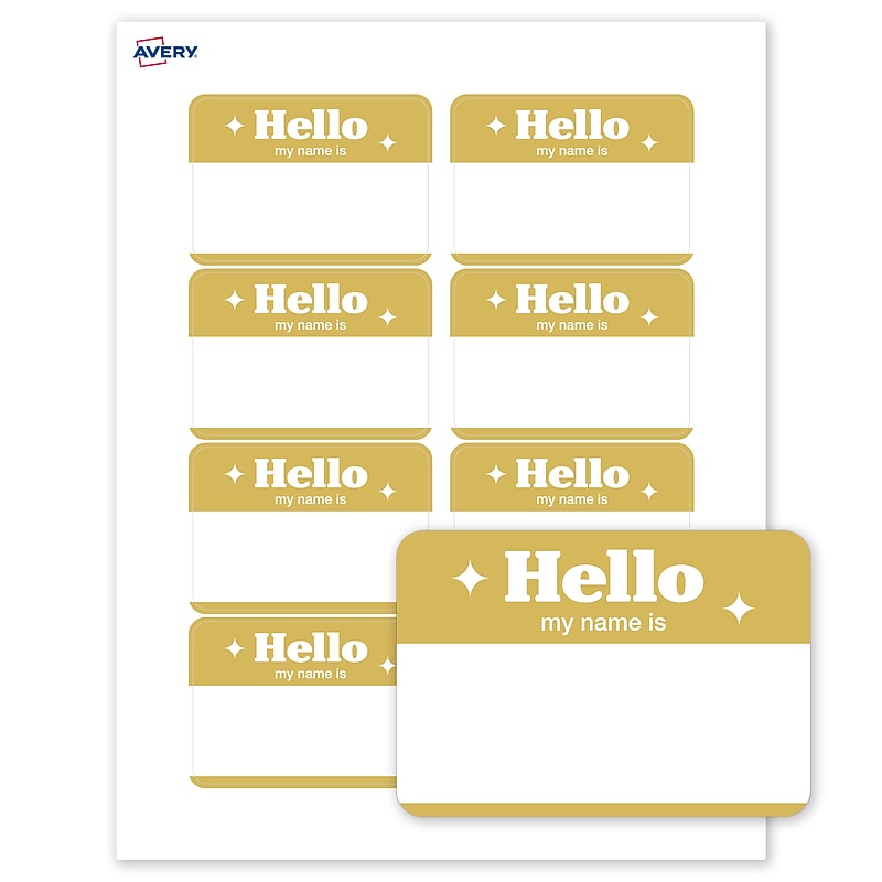 Avery Adhesive Name Tags, Pre-printed Gold Hello My Name Is Design image 1