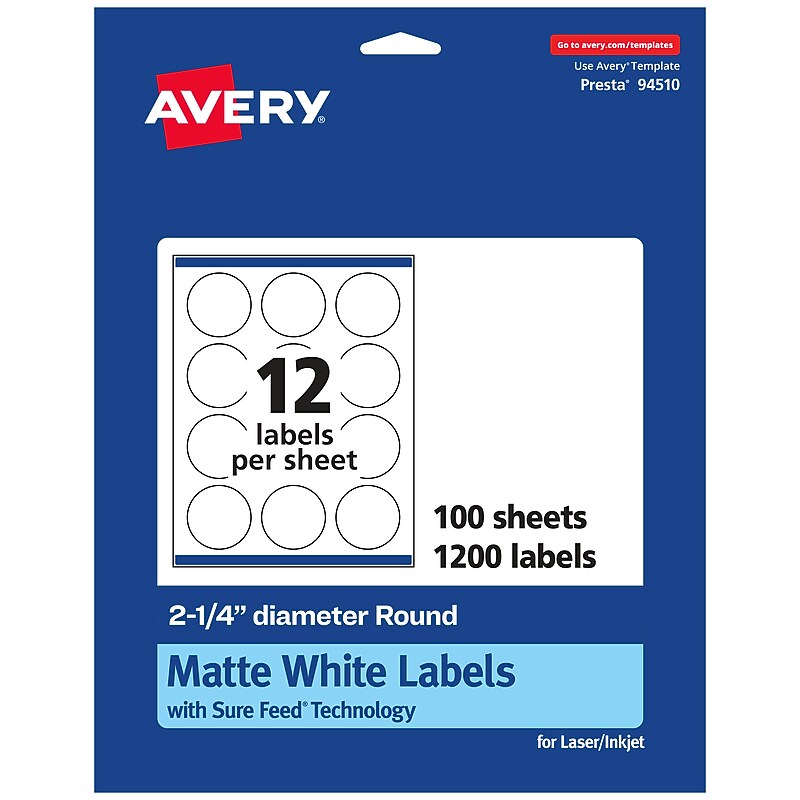 Avery Laser/Inkjet Round Multipurpose Labels, 2.25"  Dia, Matte White, 1200/Box (94510) image 1