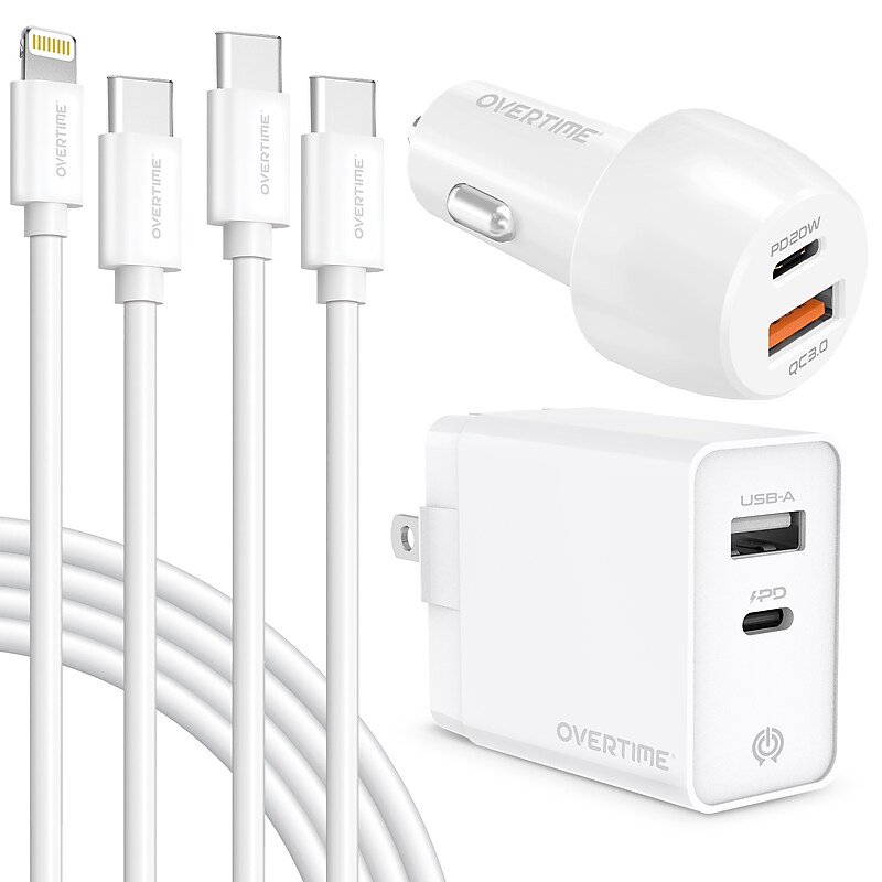 Delton Overtime USB-C/USB Wall & Car Chargers with Two Apple MFi Certified Cables for iPhone/iPad, White (CE14548A) image 1