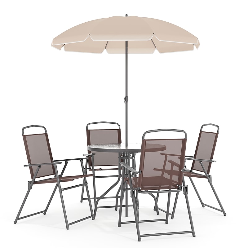 Flash Furniture Nantucket Patio Garden Set with Umbrella Table and Folding Chairs, Brown, 6/Set (GM202012BRN) image 1
