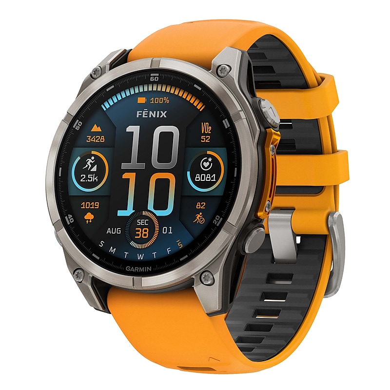 Garmin fenix 8 AMOLED Multisport GPS Watch, 47-mm, Titanium Stainless Steel Bezel with Orange/Graphite Band (010-02904-10) image 1