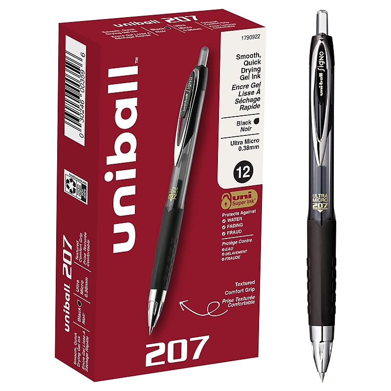 uni-ball 207 Retractable Gel Pens, Ultra Micro Point, 0.38mm, Black Ink, Dozen (1790922) image 1
