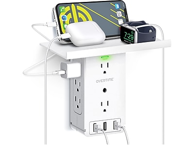 Overtime Wall Outlet Shelf, 8 Outlets and 3 USB Ports, Surge Protector, White (OTWP8O3USB) Sansujyuku sansujyuku.com