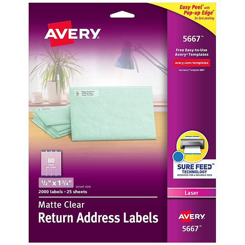 Avery Easy Peel Laser Return Address Labels, 1/2" x 1-3/4", Clear, 2,000 Labels/Pack (5667) image 1
