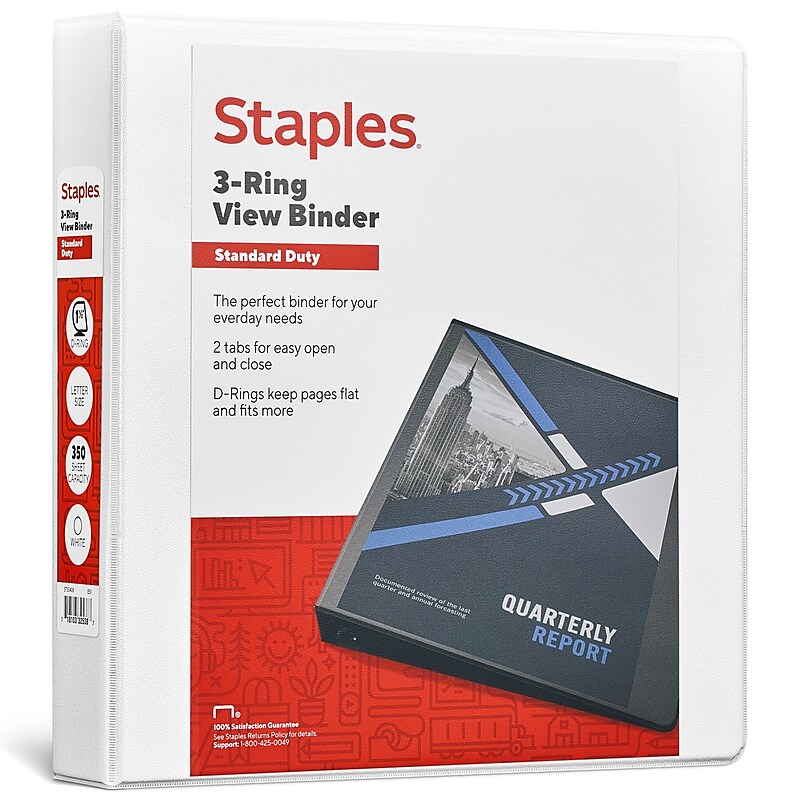Staples 1 1/2" 3-Ring View Binder, D-Ring, White (55409/26438) image 1