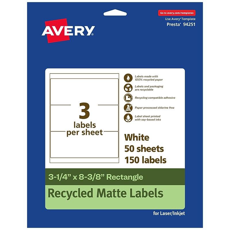 Avery EcoFriendly Laser/Inkjet Rectangle Multipurpose Labels, 3-1/4" x 8-3/8", White, 150/Box (94251) image 1