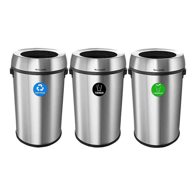 Alpine Industries Stainless Steel Recycling, Trash and Compost Station with Open Lid, 51 Gallon, 3/Pack (ALP470-65L-R-T-CO) image 1