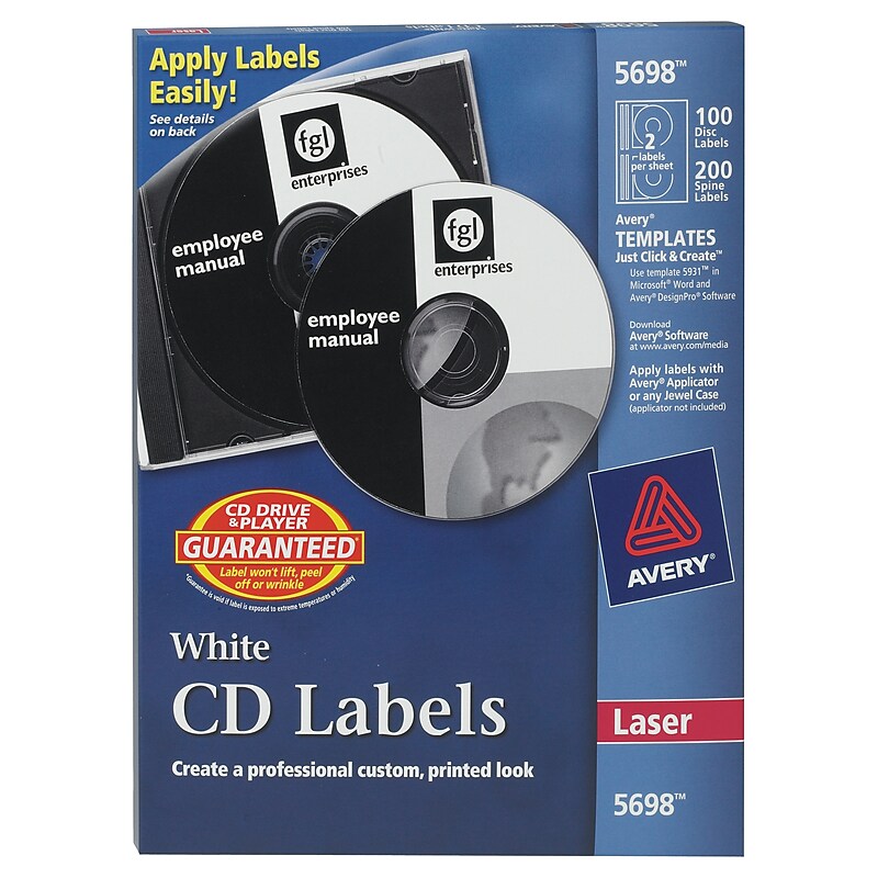 Avery Laser Media Labels, White Matte, 100 Disc and 200 Spine Labels/Pack (5698) image 1