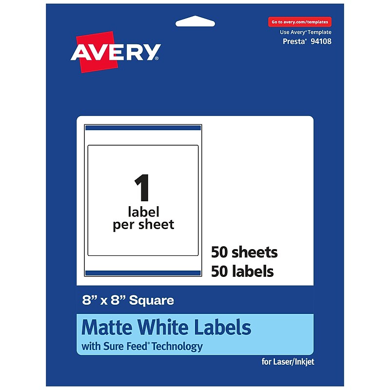 Avery Laser/Inkjet Multipurpose Labels, 8"  x 8", Matte White, 50/Box (94108) image 1