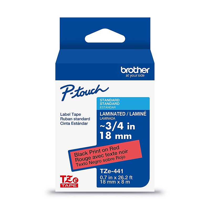 Brother P-touch Laminated Label Tape, ~3/4" x 26.2', Black on Red (TZe441) image 1