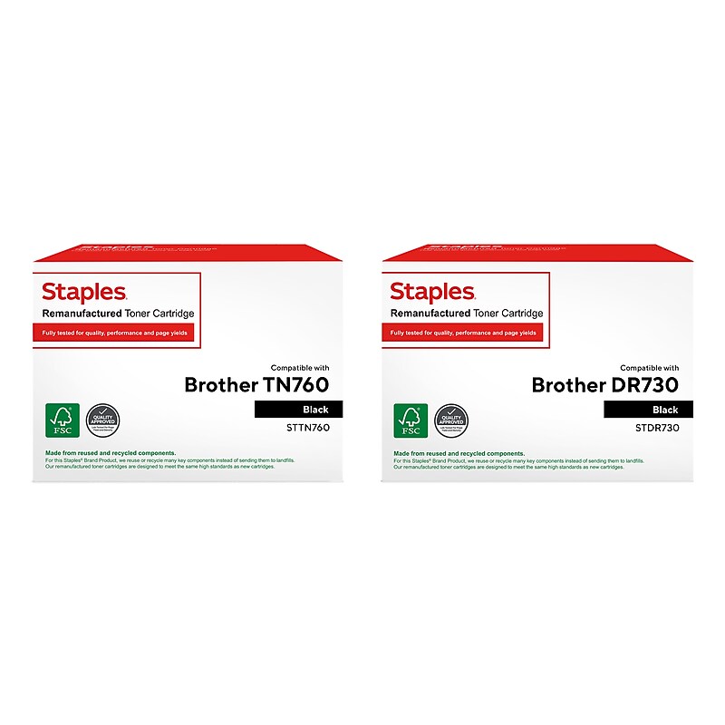 Staples Remanufactured Black High Yield Toner and Drum Unit Replacement for Brother TN760/DR730, 2/Pack (STTN760-STDR7302PK-VB) image 1