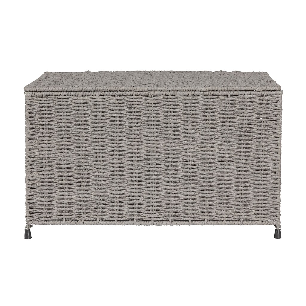 Grey wicker storage chest with lid closed