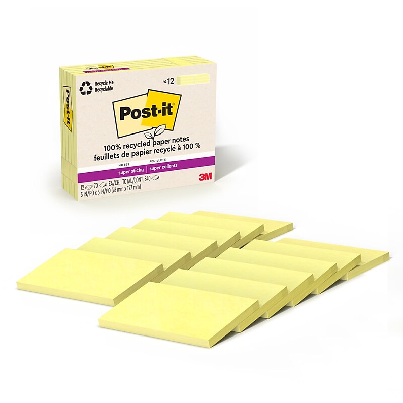 Post-it Recycled Super Sticky Notes, 3" x 5", Canary Collection, 70 Sheets/Pad, 12 Pads/Pack (655R-12SSCY) image 1