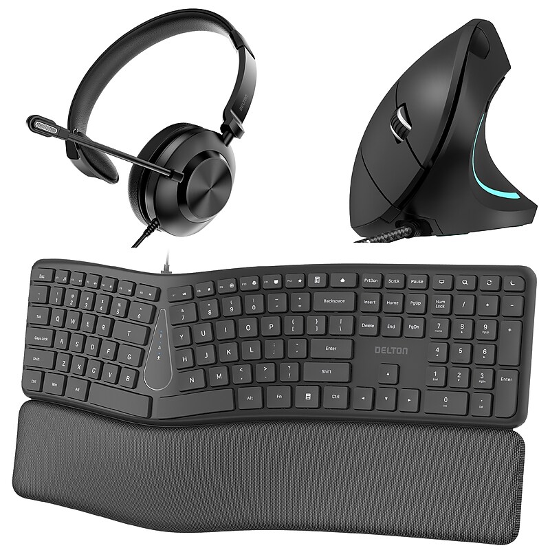 Delton KBE250 Ergonomic Wired Keyboard, Vertical Mouse, and USB-A/USB-C Noise-Cancelling Headset Bundle, Black (DKBE250BD2) image 1