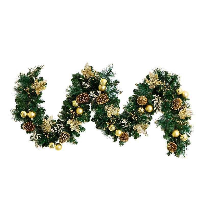 Nearly Natural 9-ft Pre-Lit Artificial Golden Frosted Christmas Garland with 50 Warm White LEDs Pinecones, Berries and Ornaments image 1