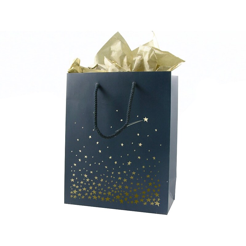 Baudville Stars Gift Bag, 10" x 8" x 4", Navy/Gold, 5/Pack (1391248P531) image 1