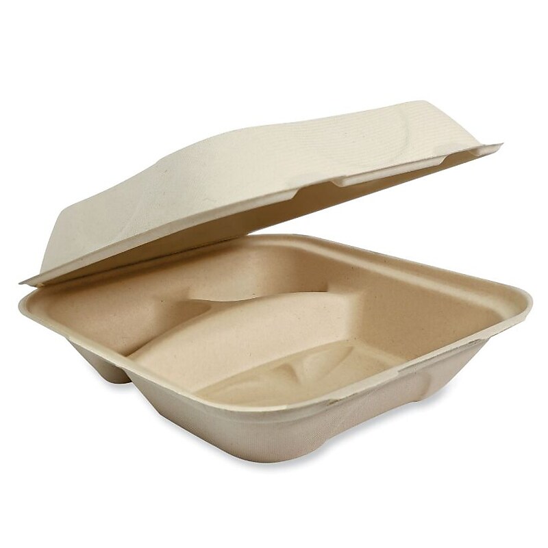 World Centric Fiber Hinged Containers, 9.2" x 9.1" x 3.2", Natural, Paper, 300/Carton (WORTOSCU9LFP) image 1