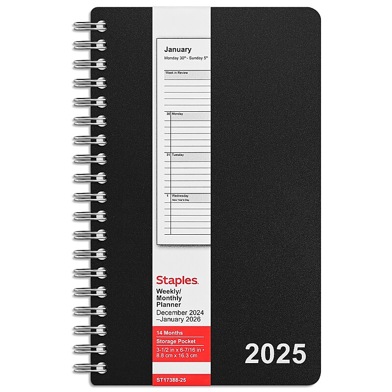 2025 Staples 3" x 6" Weekly & Monthly Planner, Assorted Colors (ST17388-25) image 1