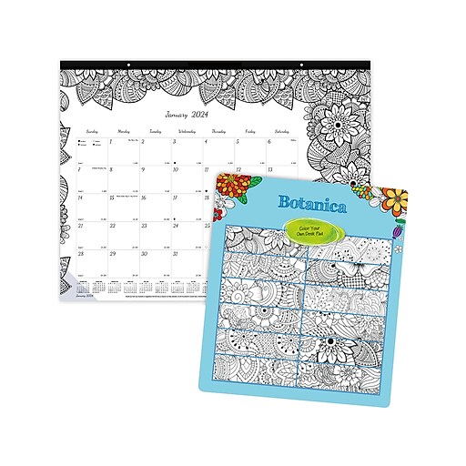2024 Blueline DoodlePlan Botanica 22" x 17" Monthly Coloring Desk Pad