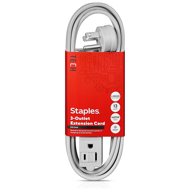 Staples TECH 8' Extension Cord, 3-Outlet, 16 AWG, Gray (ST22131-CC) image 1
