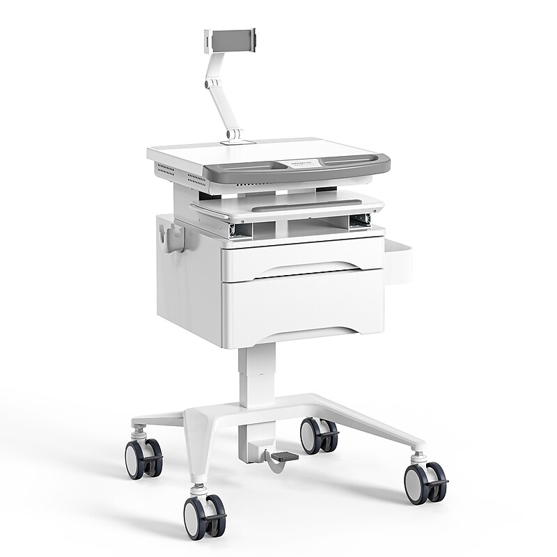 Mount-It! MedHub Mobile Medical Cart Workstation with Drawers, Tablet Arm, and Locking Caster Wheels, White/Grey (MI-16028) image 1