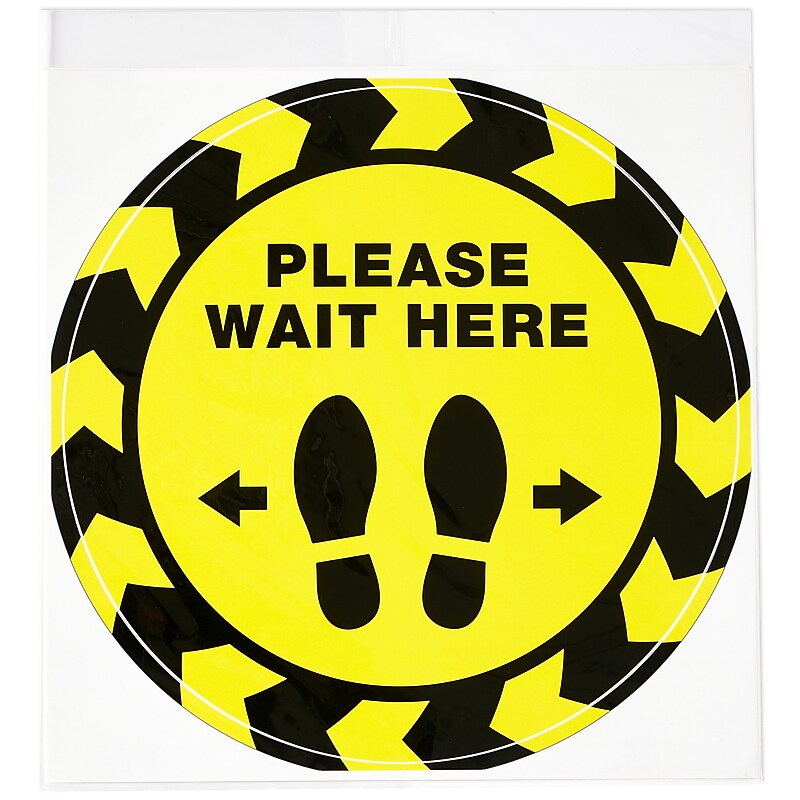 Avery Directional "Please Wait Here" Preprinted Floor Decals, 10.5" Diameter, Yellow/Black, 5/Pack (83020) image 1