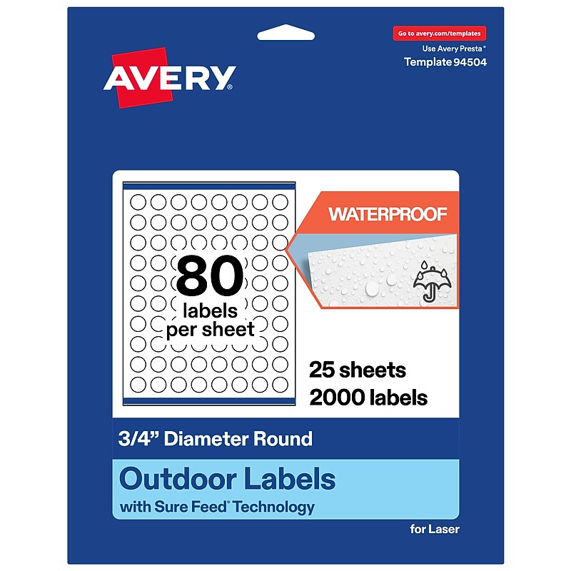 Avery Waterproof Round Laser Multipurpose Labels, 0.75" Dia., White, 2000/Pack (19479399417) image 1