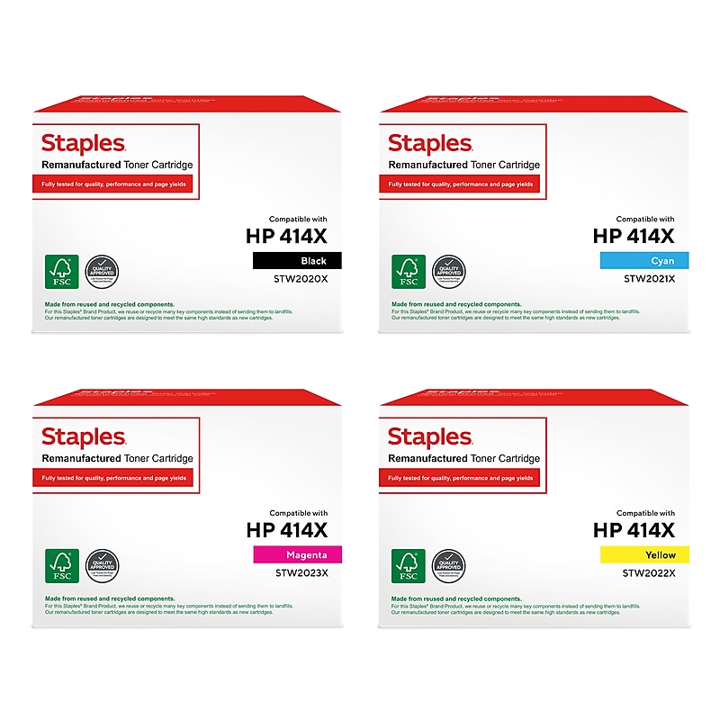 Staples Remanufactured Black/Cyan/Magenta/Yellow High Yield toner Replacement for HP 414XL, 4/Pack (STW2020-21-22-23X4PK-VB) image 1