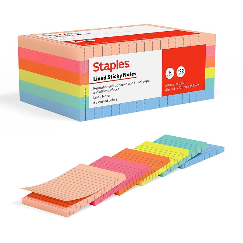 Staples Sticky Notes, 4" x 6", Golden Hour Collection, Lined, 100 Sheets/Pad, 6 Pads/Pack (ST62871) image 1