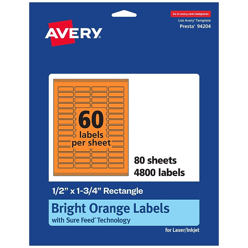 Avery Laser/Inkjet Multipurpose Rectangle Labels, 0.5" x 1.75", Bright Orange, 4800/Box (94204) image 1