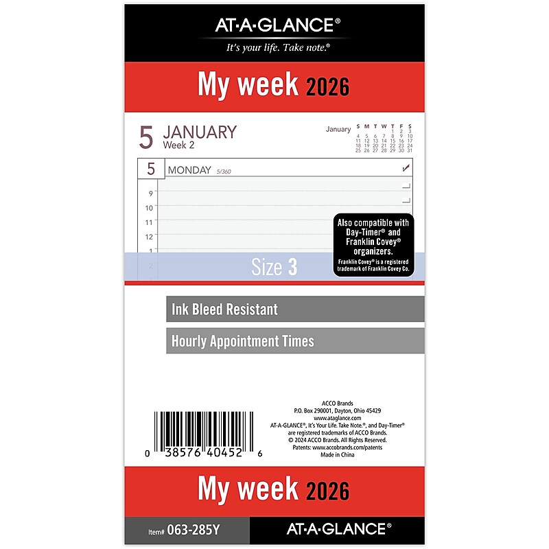 2026 AT-A-GLANCE 6.75" x 3.75" Weekly Refill Pages, White/Gray (063-285Y-26) image 1