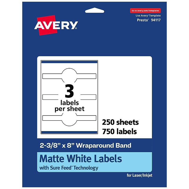 Avery Laser/Inkjet Multipurpose Labels, 8"  x 2.375", Matte White, 750/Box (94117) image 1