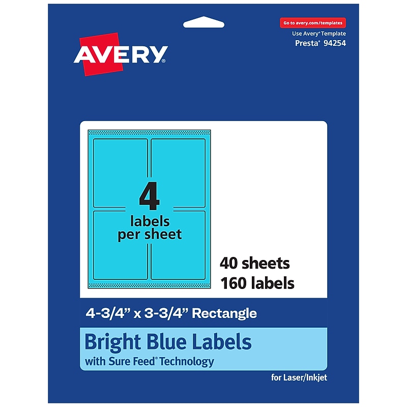 Avery Laser/Inkjet Multipurpose Rectangle Labels, 4.75" x 3.75", Bright Blue, 160/Pack (94254) image 1