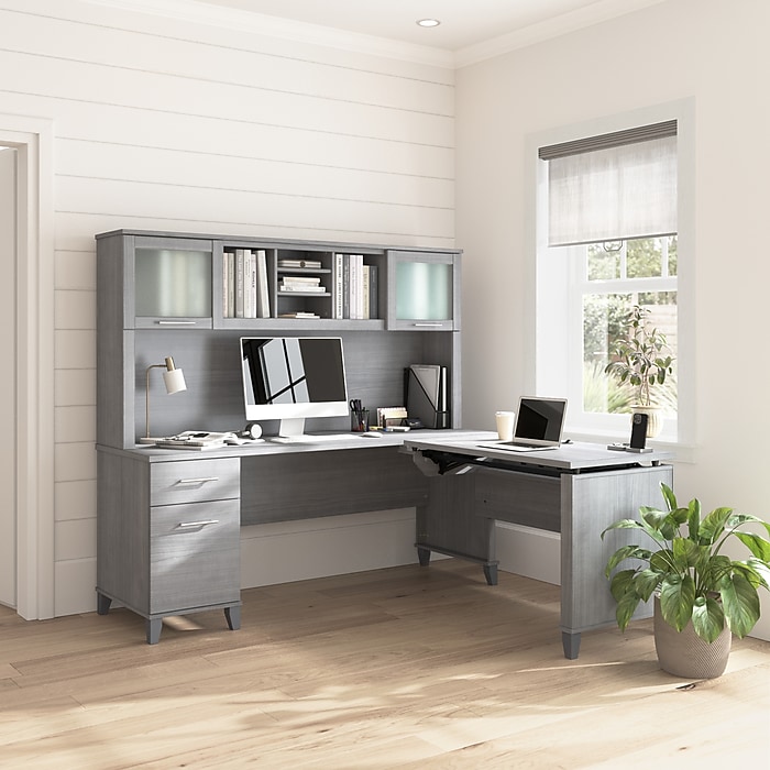 Bush Home Somerset 72W L-Shaped Sit to Stand Desk with Hutch