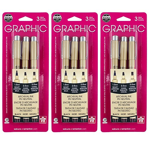 Sakura Pigma Graphic, Liquid Ink, Black Ink, 3/Bundle (SAK38881-3