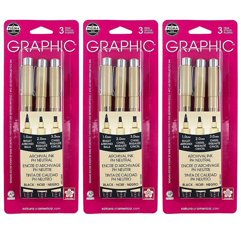 Sakura Pigma Graphic, Liquid Ink, Black Ink, 3/Bundle (SAK38881-3) image 1