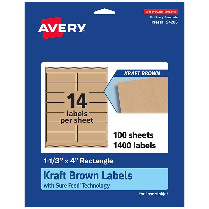 Avery Laser/Inkjet Rectangle Multipurpose Labels, 1-1/3" x 4", Kraft Brown, 1400 Labels/Box ( 94206) image 1