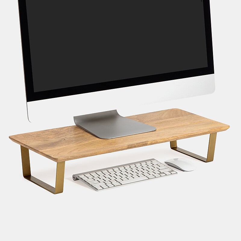 Anji Mountain Mango Wood & Metal Monitor Stand, Up to 32" Monitor, Natural Wood and Gold (MS-MNG-06GLD) image 1